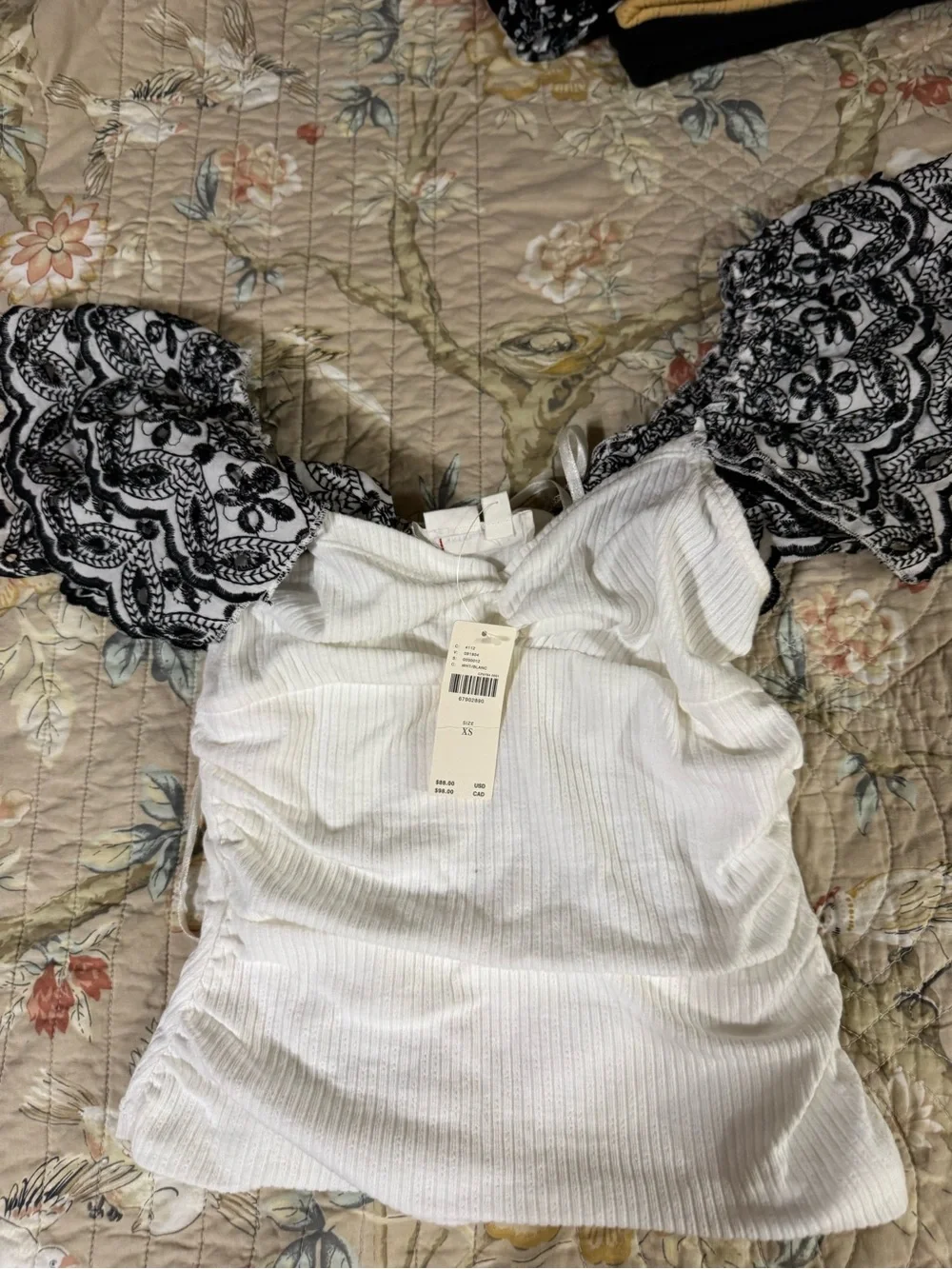 Anthropologie White Ribbed Top with Black Lace Puff Sleeves